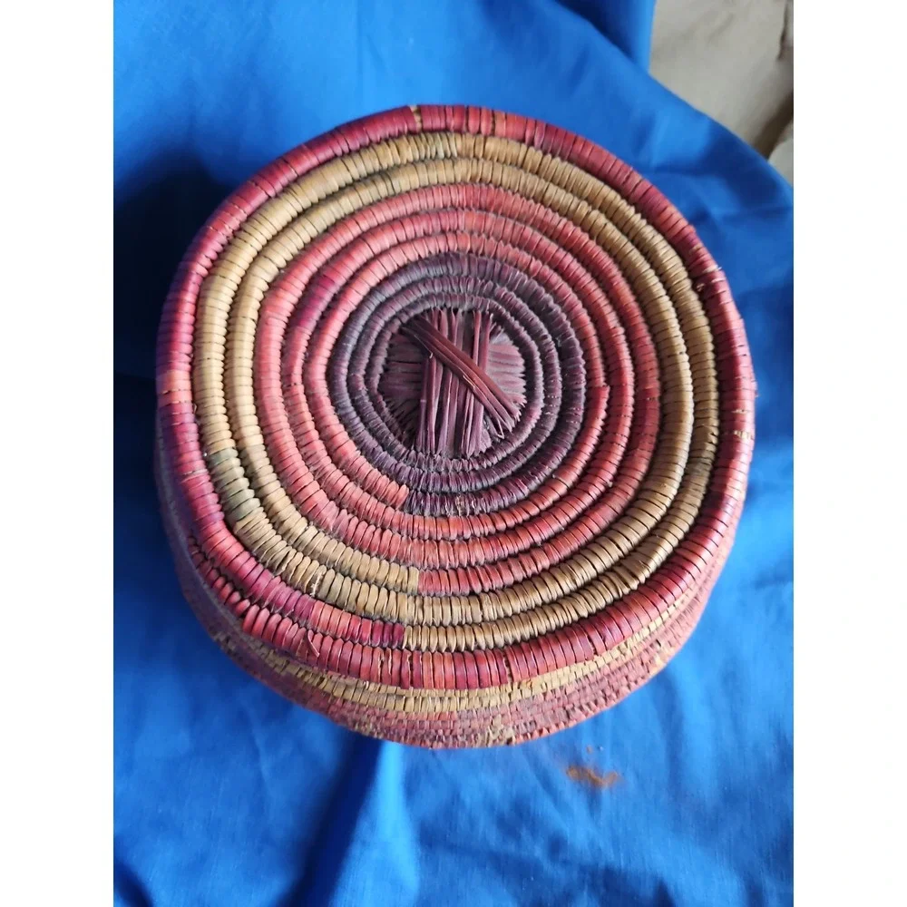 Handwoven Coiled Basket Lidded Storage Rustic Primitive Leather Polychrome 10
